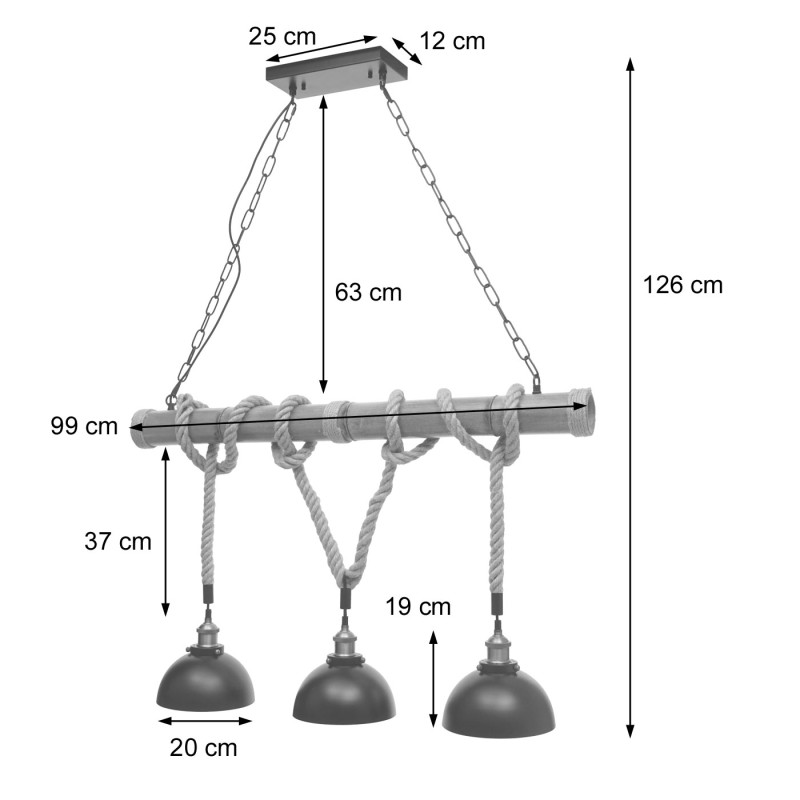 Lampe à suspension corde de bambou, vintage industriel métal noir - 3x abat-jours dome