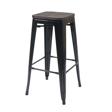 Tabouret de bar avec siège en bois, métal, style industriel - noir