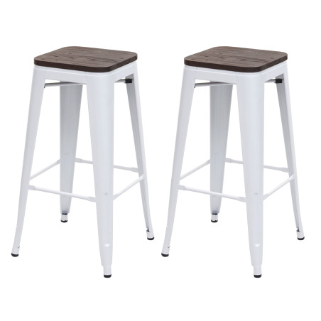 2x Tabouret de bar avec siège en bois, métal, style industriel - blanc