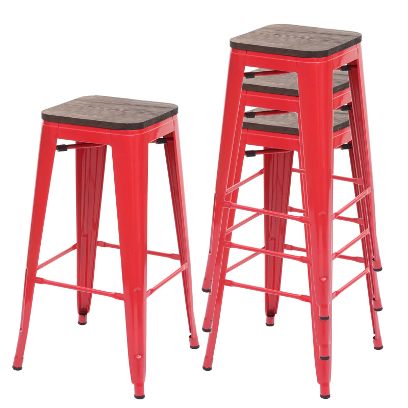 4x Tabouret de bar avec siège en bois, métal, style industriel - rouge