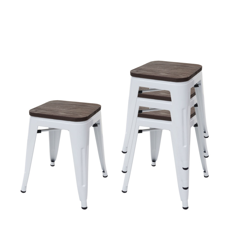 4x Tabouret avec siège en bois, métal, style industriel, empilable - blanc