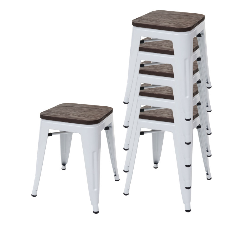 6x tabouret avec siège en bois, métal, style industriel, empilable - blanc