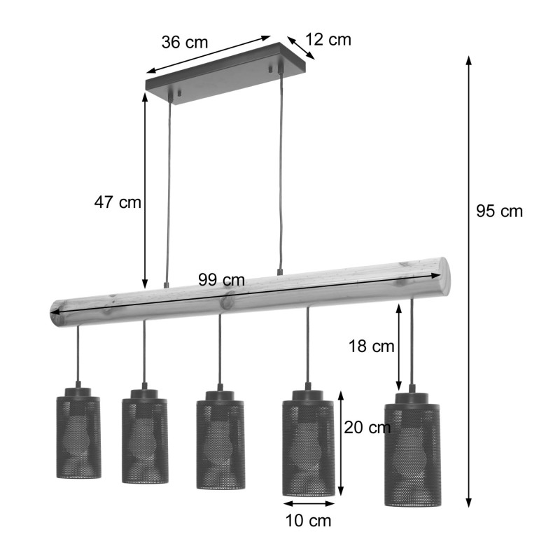 Lampe à suspension métal industriel, bois massif, noir - 5x abat-jours tubulaires