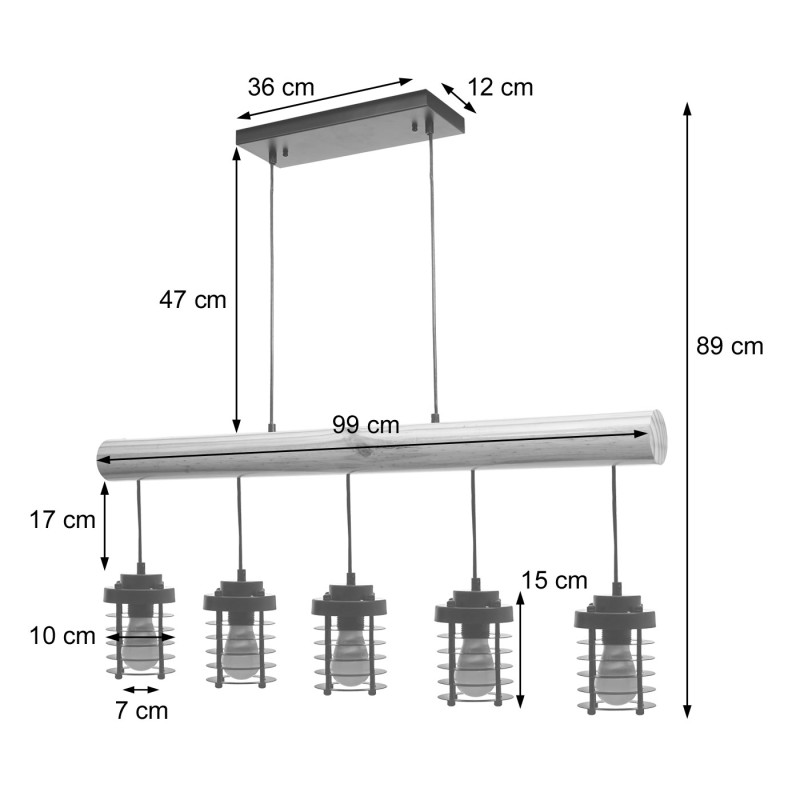 Lampe à suspension métal industriel, bois massif, noir - 5x abat-jours cage