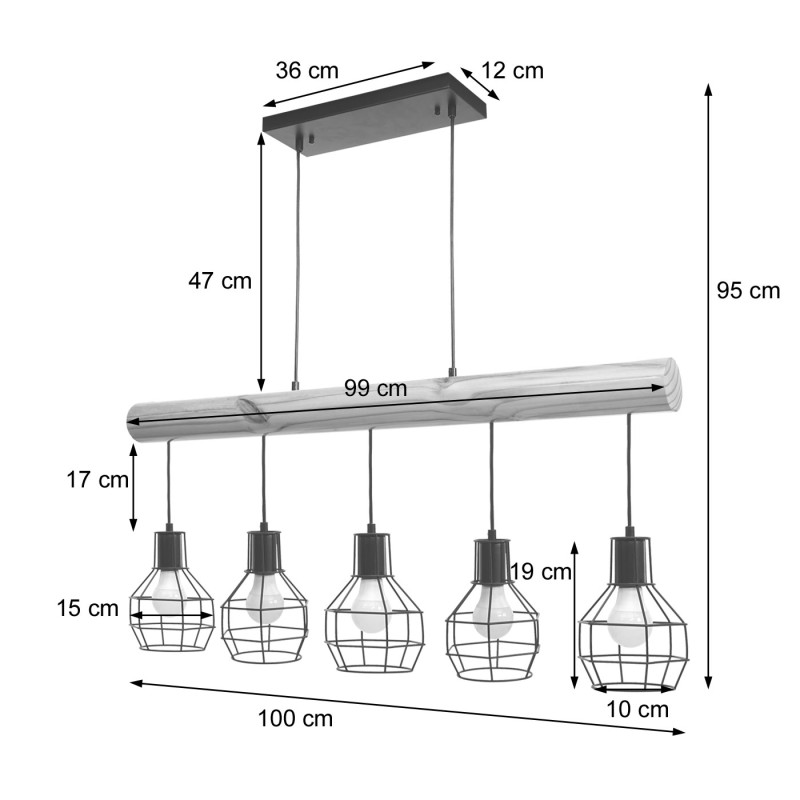 Lampe à suspension bois massif, métal industriel, réglable en hauteur, noir - 5x abat-jours grille