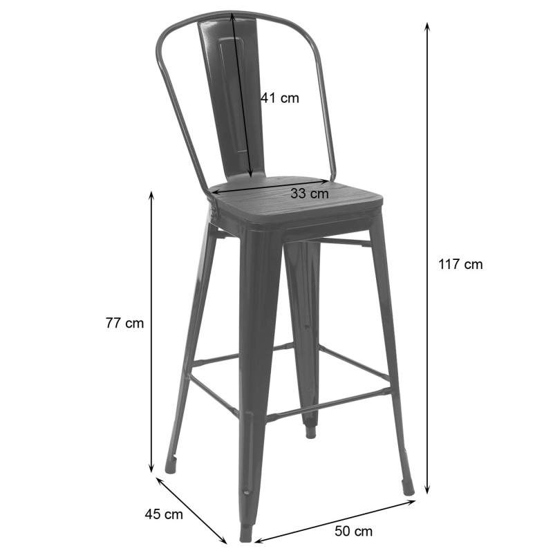 Tabouret avec siège en bois et dossier, métal, style industriel - rouge