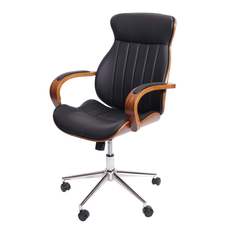 Chaise de bureau pivotante, fauteuil, bois courbé, aspect noyer, similicuir - noir