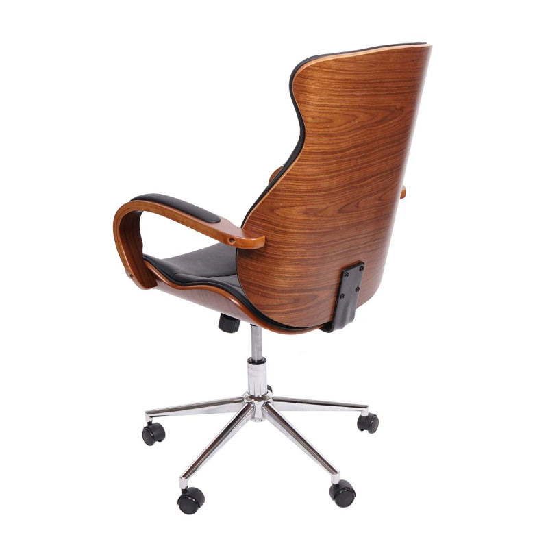 Chaise de bureau pivotante, fauteuil, bois courbé, aspect noyer, similicuir - noir