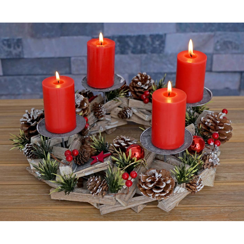 Couronne de l'Avent décoration, arrangement de Noel, bois, rond Ø 33cm - avec 4 bougies rouges
