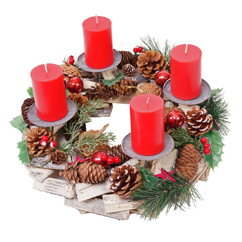 Couronne de l'Avent décoration, arrangement de Noel, bois, rond Ø 33cm - avec 4 bougies rouges
