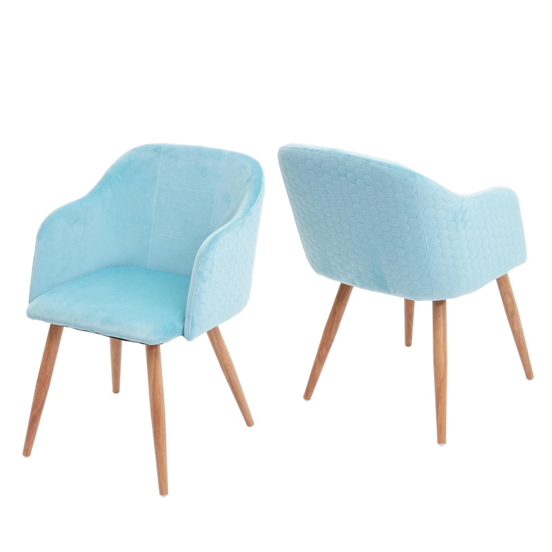 2x chaise de séjour, salle à manger fauteuil, design rétro, accoudoirs, tissu - velours turquoise