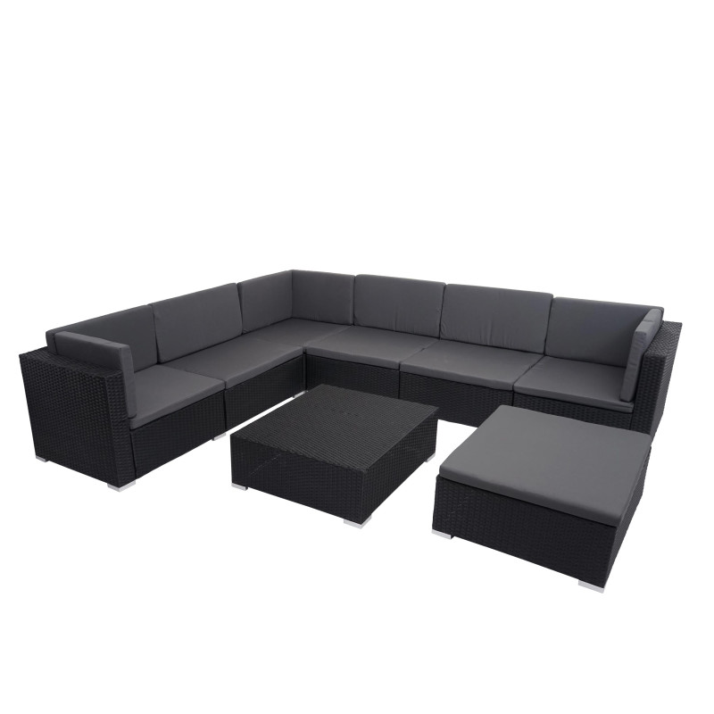 Ensemble de meubles en polyrotin pour balcon, jardin, Lounge-Set - noir, coussins gris foncés