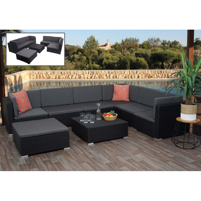 Ensemble de meubles en polyrotin pour balcon, jardin, Lounge-Set - noir, coussins gris foncés