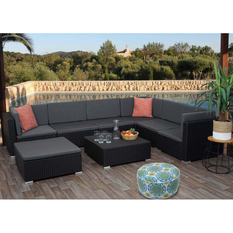 Ensemble de meubles en polyrotin pour balcon, jardin, Lounge-Set - noir, coussins gris foncés