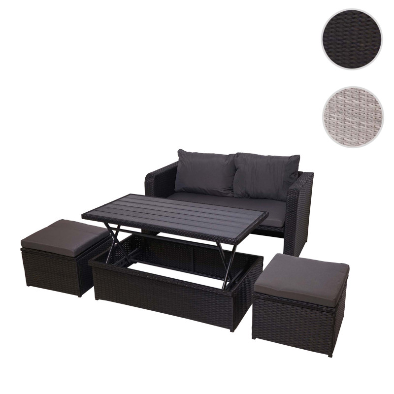 Ensemble de meubles en polyrotin pour balcon, jardin, Lounge-Set - gris, coussins gris foncés