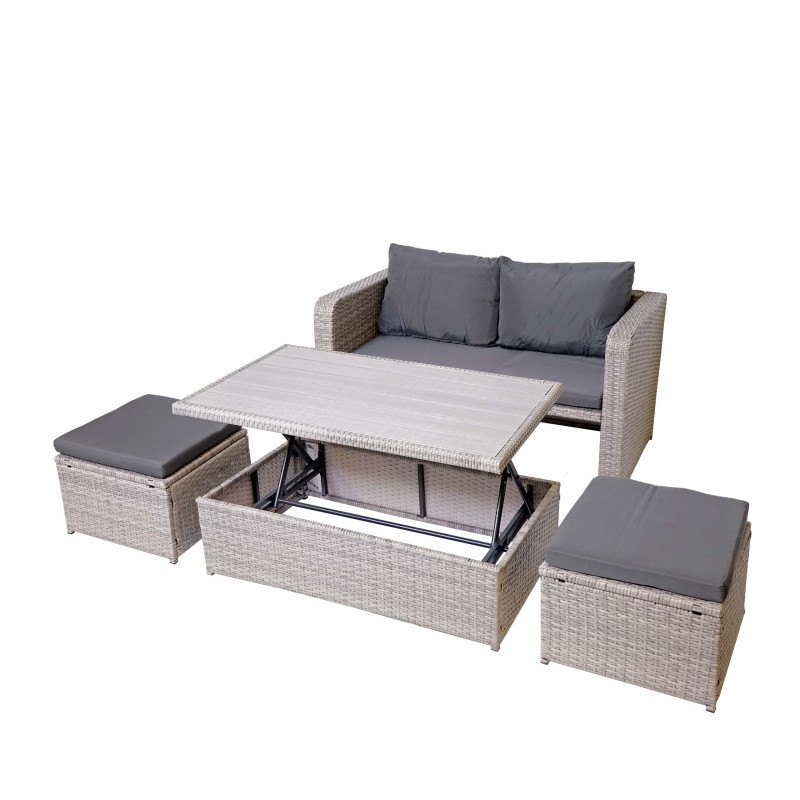 Ensemble de meubles en polyrotin pour balcon, jardin, Lounge-Set - gris, coussins gris foncés