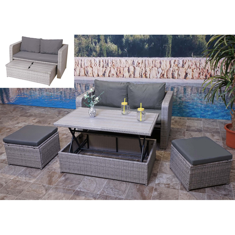 Ensemble de meubles en polyrotin pour balcon, jardin, Lounge-Set - gris, coussins gris foncés