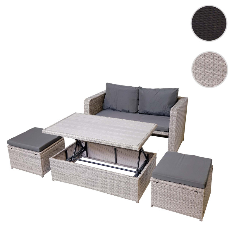 Ensemble de meubles en polyrotin pour balcon, jardin, Lounge-Set - gris, coussins gris foncés