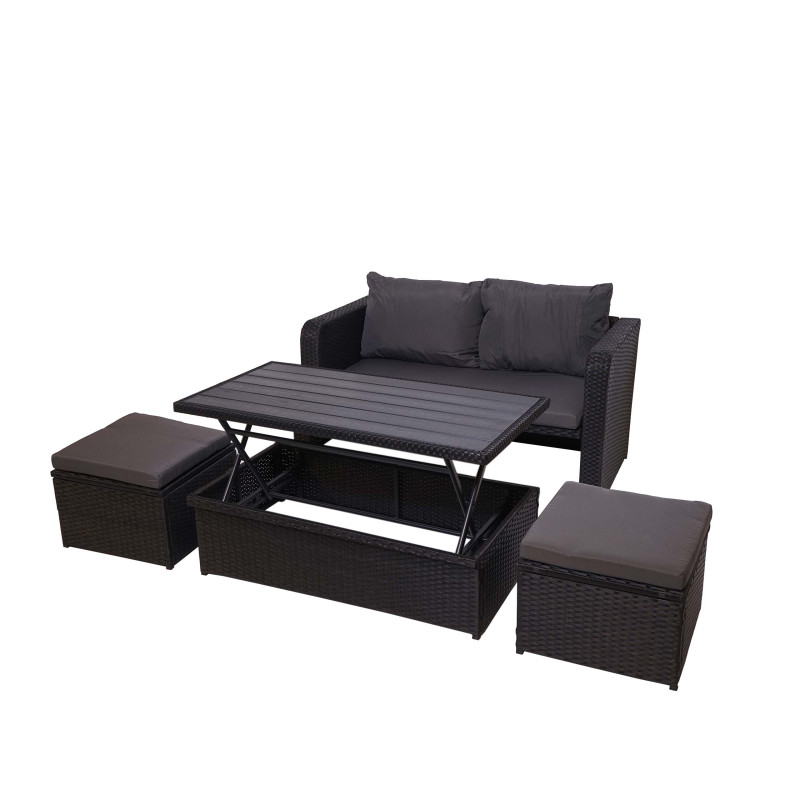 Ensemble de meubles en polyrotin pour balcon, jardin, Lounge-Set - noir, coussins gris foncés
