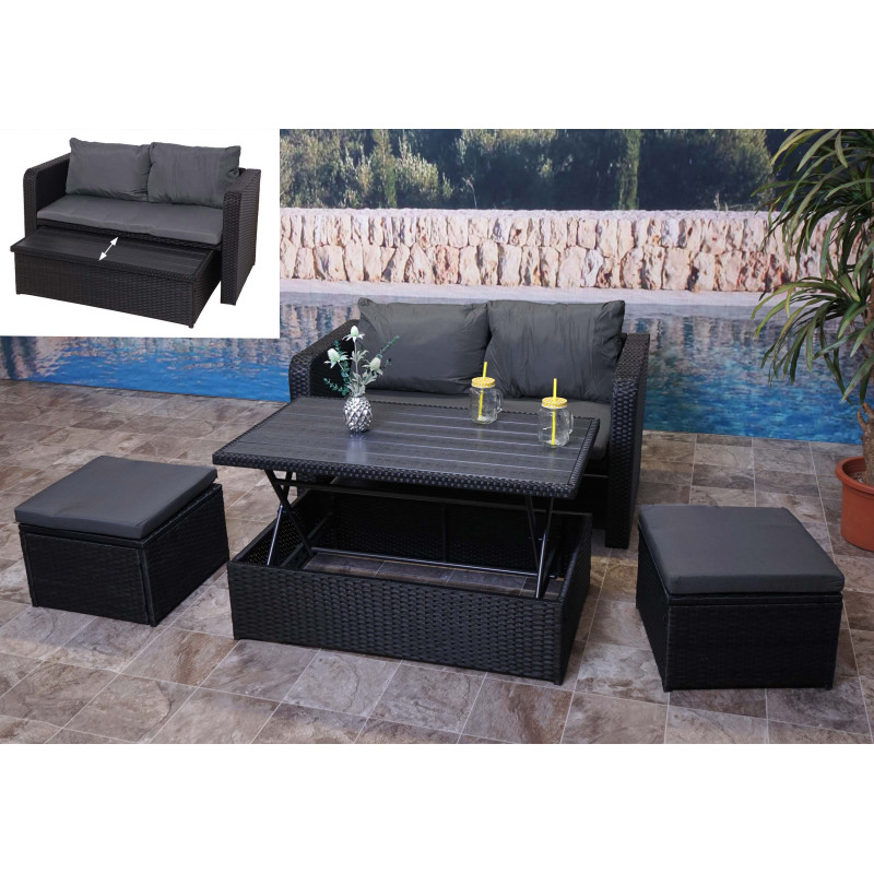 Ensemble de meubles en polyrotin pour balcon, jardin, Lounge-Set - noir, coussins gris foncés