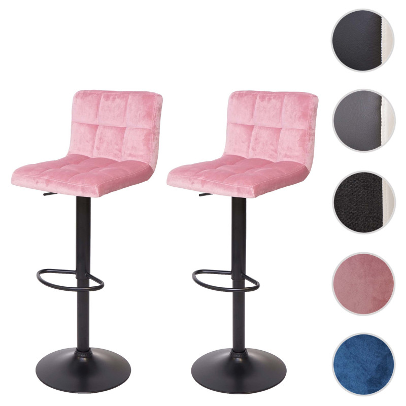 2x Tabouret de bar chaise bar/comptoir, réglable en hauteur - velours rose, pied noir