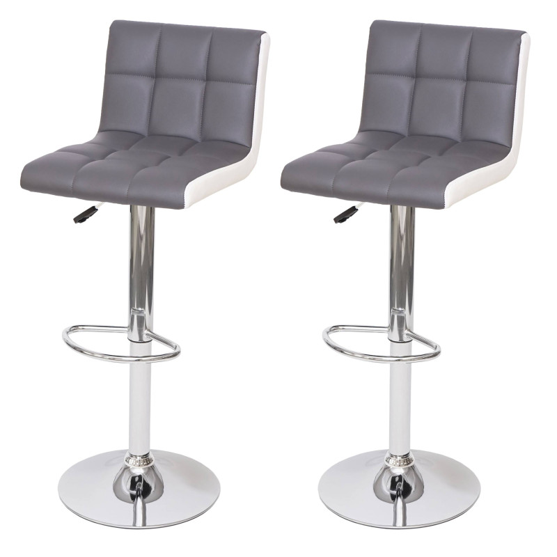 2x Tabouret de bar chaise bar/comptoir, réglable en hauteur - similicuir gris-blanc, pied chromé