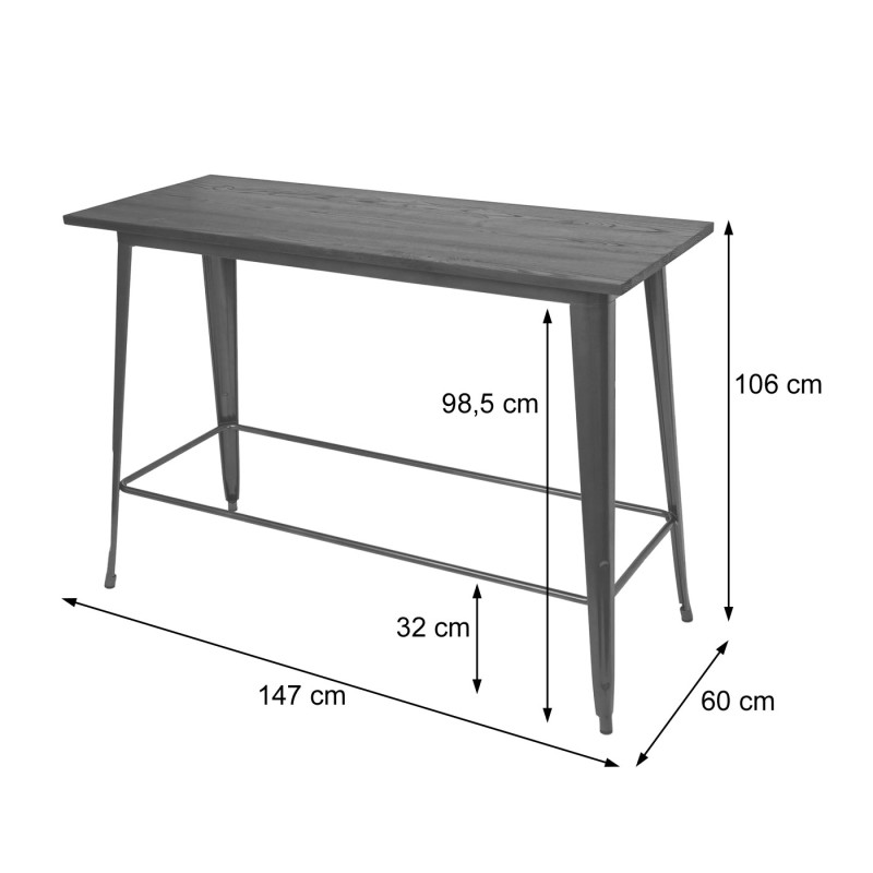 Table haute de bar design industriel, bois d'orme, standards MVG, 106x147x60 cm, vintage noir-marron