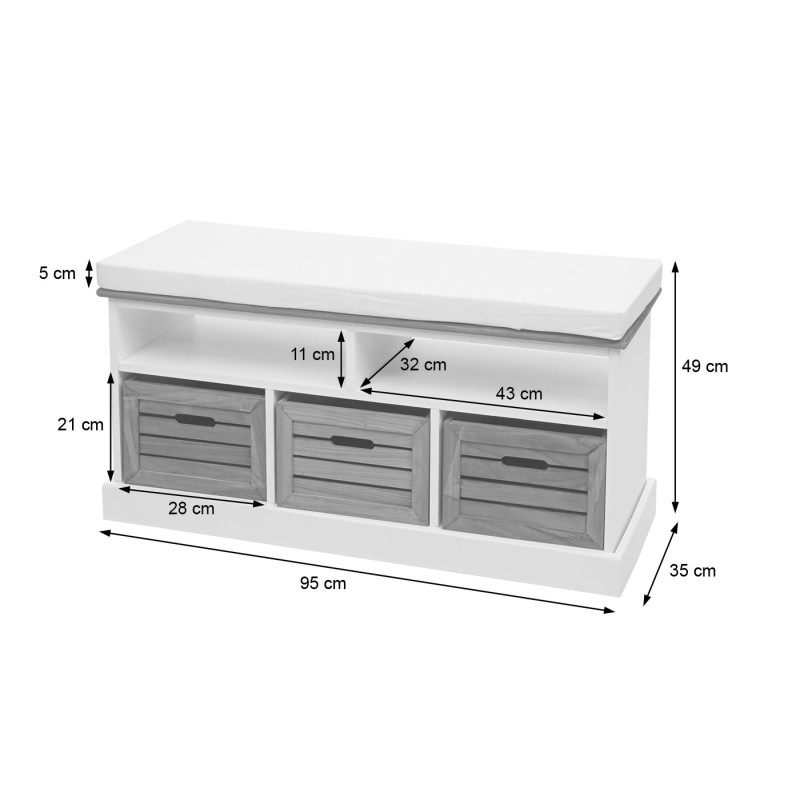 Banc avec compartiments de rangement banc rembourré, 49x95x35cm, blanc-brun