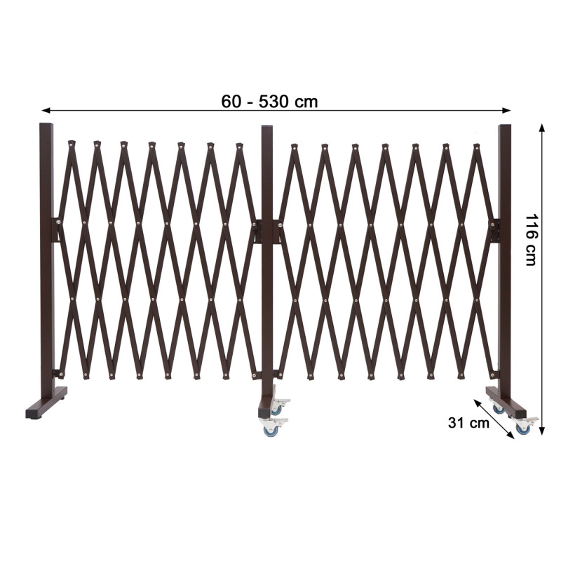 Barrière de sécurité barrière de séparation en ciseaux, marron - hauteur 109cm, largeur 60-530cm