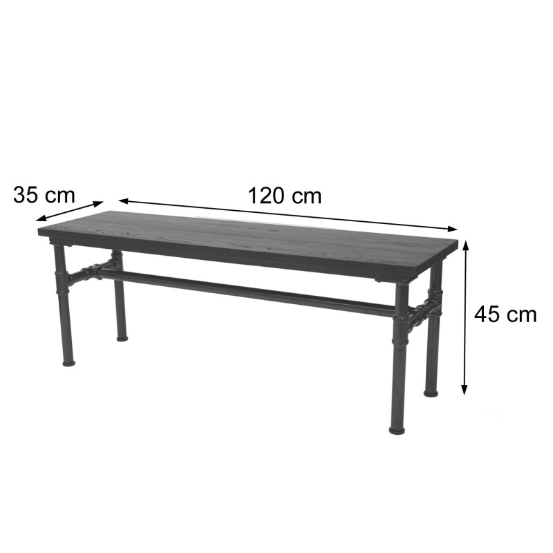 Banc salle à manger, bois d'orme, design industriel,120x35cm,certifié MVG- noir-marron