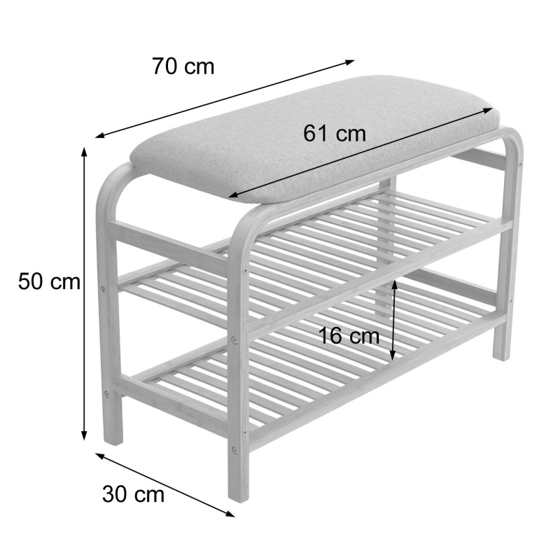 Étagère à chaussures rembourré, étagère à chaussures, rangement en bambou 50x70x30cm