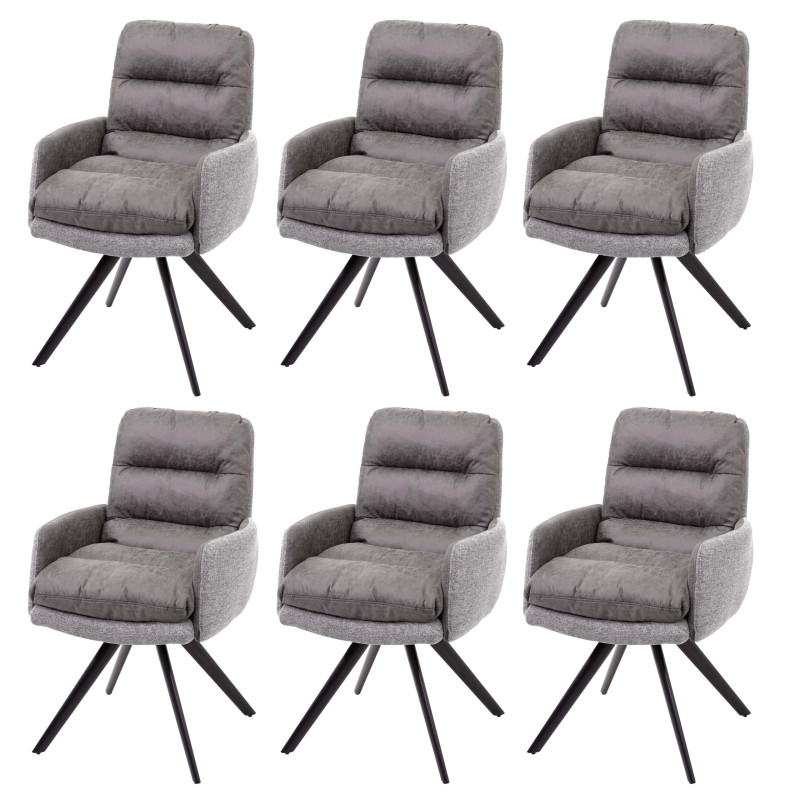 6x Chaise de salle à manger cuisine,pivotante,auto-position,tissu - gris clair-gris, avec accoudoirs