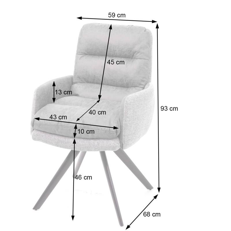 6x Chaise de salle à manger cuisine,pivotante,auto-position,tissu - gris clair-gris, avec accoudoirs