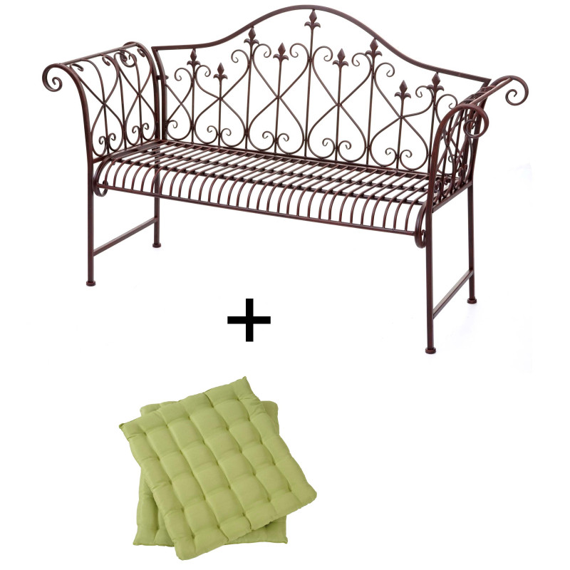 Banc de jardin banc de parc, 2 places métal avec ornements brun rouille 150cm - 2x coussins vert