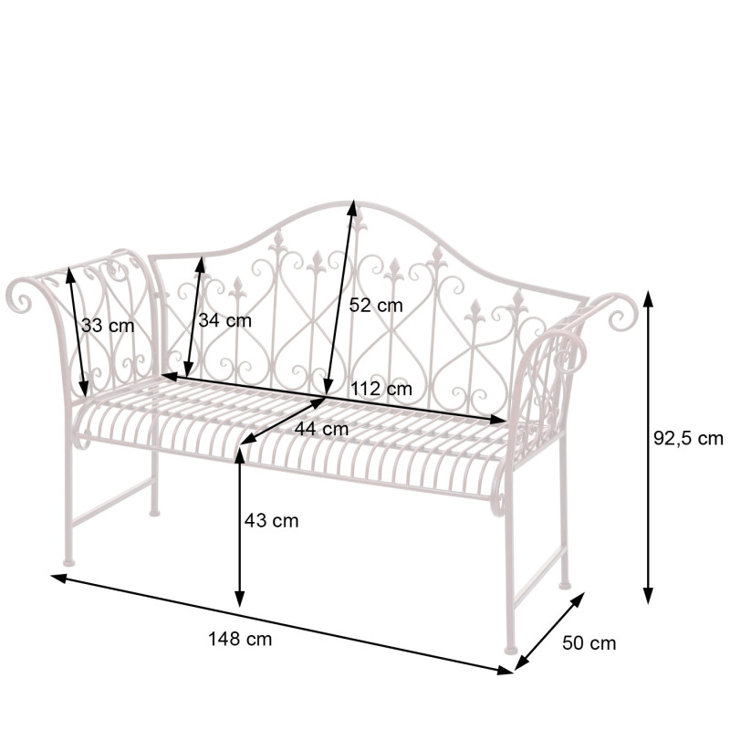 Banc de jardin banc de parc, 2 places métal avec ornements brun rouille 150cm - 2x coussins vert