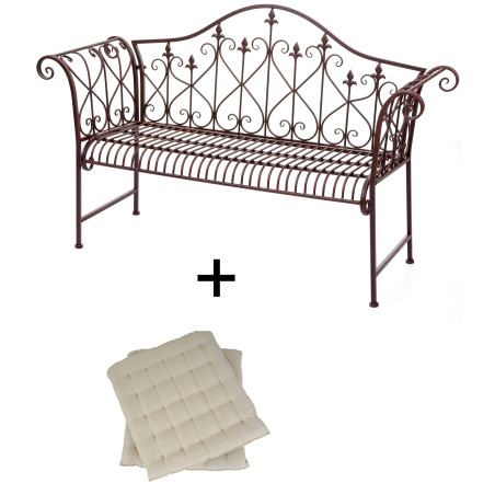 Banc de jardin 2 places métal avec ornements brun rouille 150cm - 2x coussin de siège crème