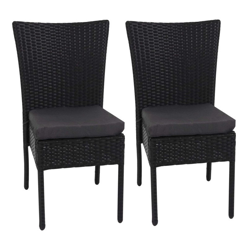 2x Fauteuil en polyrotin chaise pour jardin ou balcon, empilable - noir, coussin gris foncé