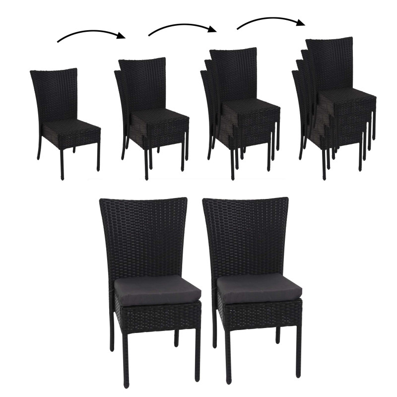 2x Fauteuil en polyrotin chaise pour jardin ou balcon, empilable - noir, coussin gris foncé