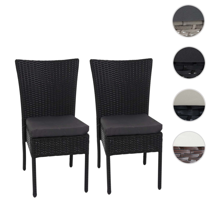 2x Fauteuil en polyrotin chaise pour jardin ou balcon, empilable - noir, coussin gris foncé