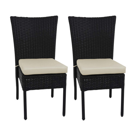 2x Fauteuil en polyrotin chaise pour jardin ou balcon, empilable - noir, coussin crème