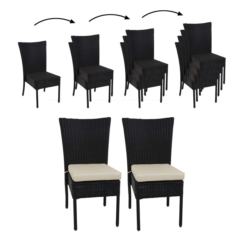 2x Fauteuil en polyrotin chaise pour jardin ou balcon, empilable - noir, coussin crème
