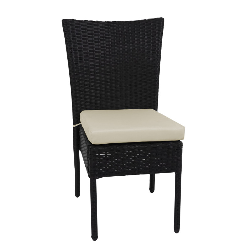 2x Fauteuil en polyrotin chaise pour jardin ou balcon, empilable - noir, coussin crème