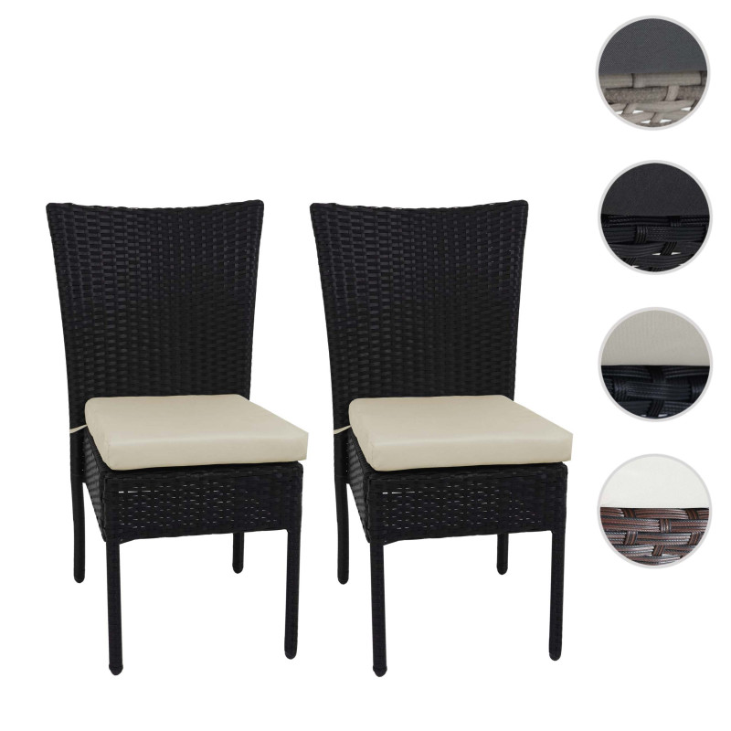 2x Fauteuil en polyrotin chaise pour jardin ou balcon, empilable - noir, coussin crème