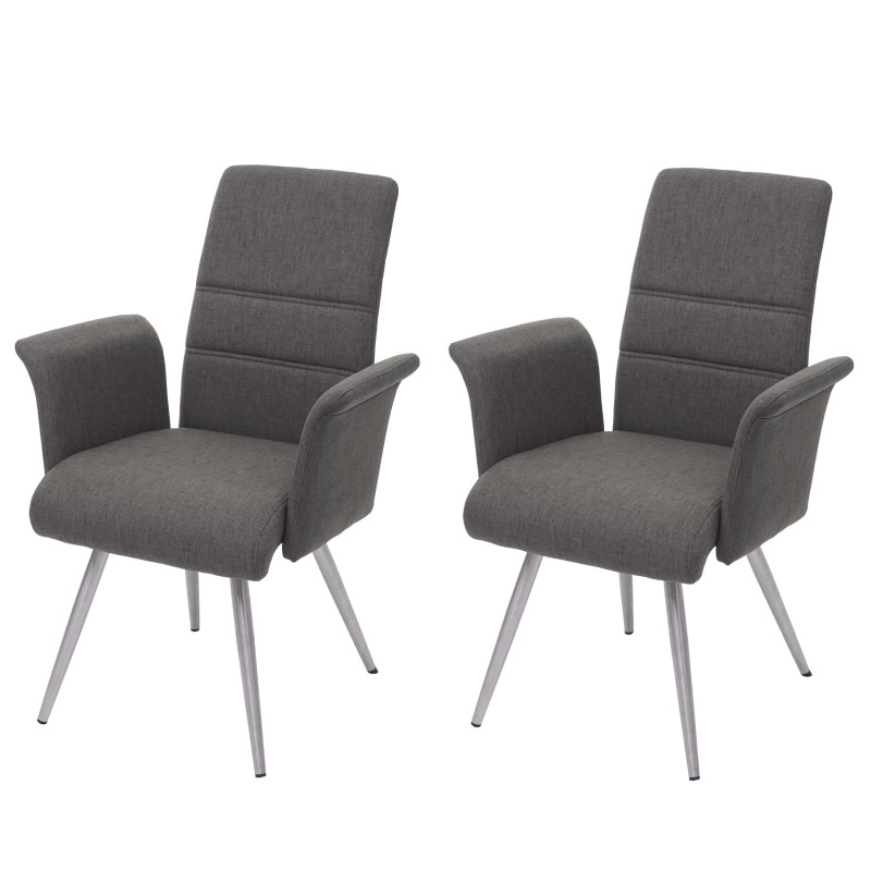 2x chaise de salle à manger avec accoudoirs, tissu, acier inoxydable brossé - gris