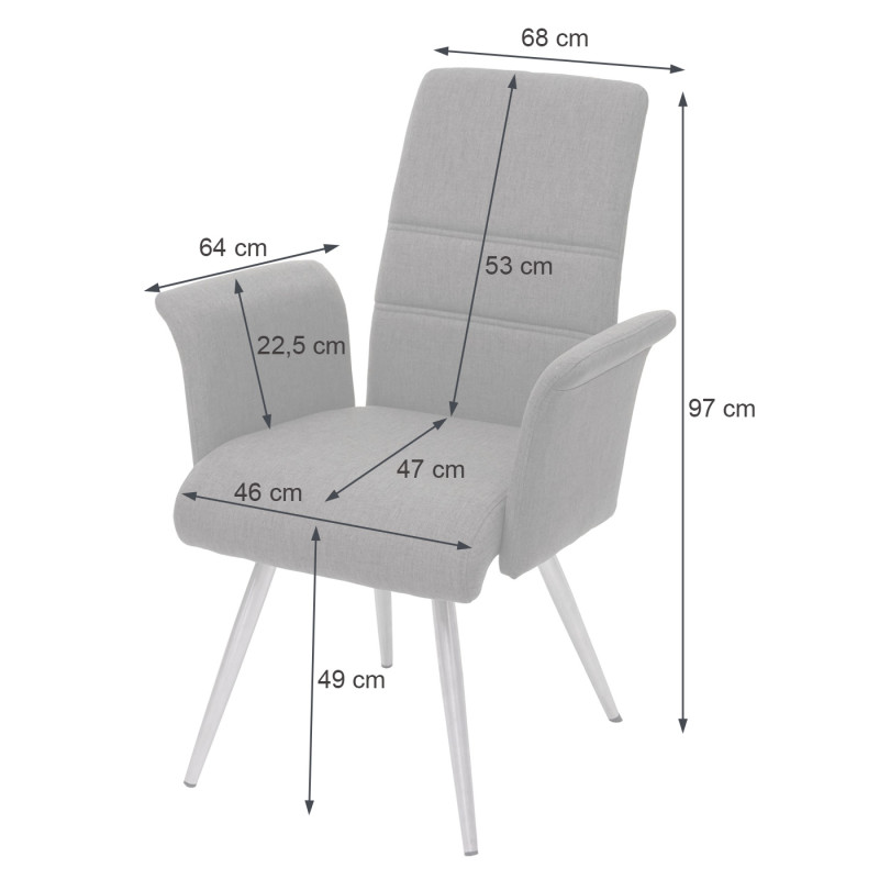 2x chaise de salle à manger avec accoudoirs, tissu, acier inoxydable brossé - gris