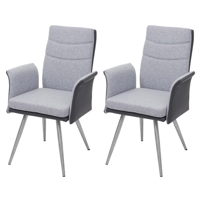 2x chaise de salle à manger avec accoudoirs, tissu/similicuir, en acier inoxydable brossé - gris