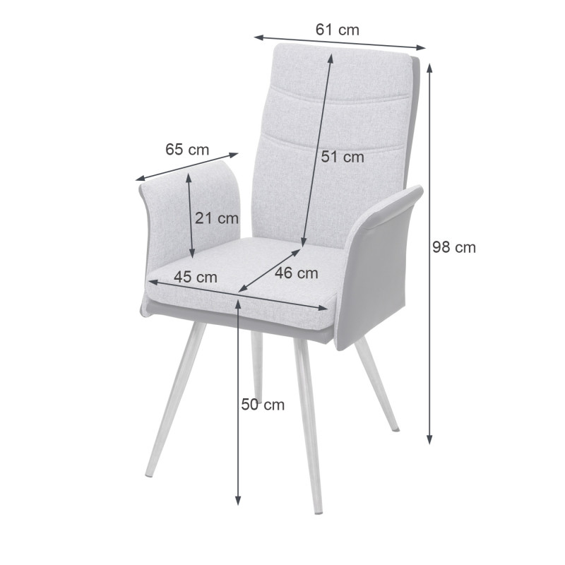 2x chaise de salle à manger avec accoudoirs, tissu/similicuir, en acier inoxydable brossé - gris