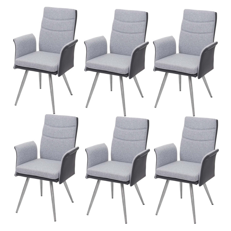 6x chaise de salle à manger chaise avec accoudoir, textile/similicuir acier inoxydable brossé - gris
