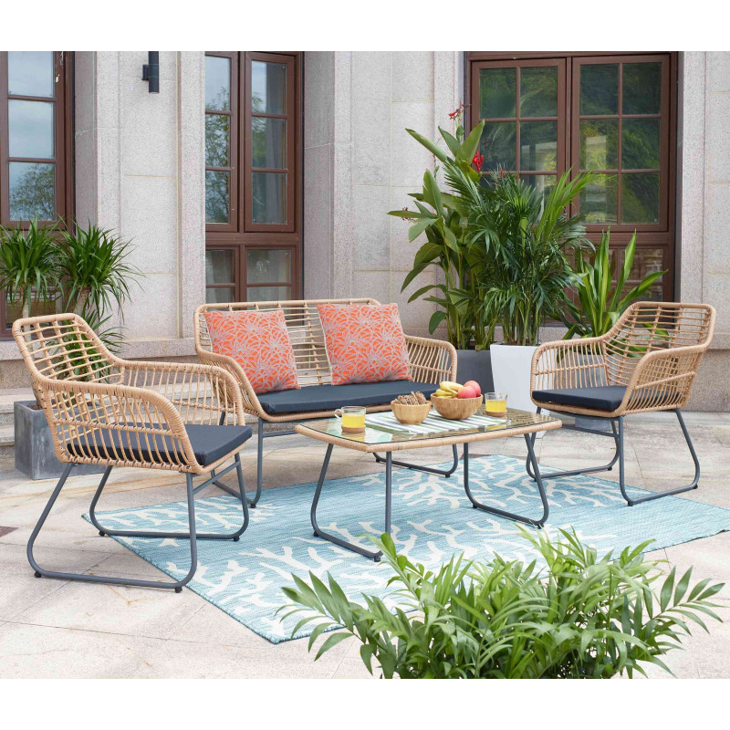 Garniture en polyrotin jardin, couleur naturelle - rembourrage anthracite avec coussin de décoration