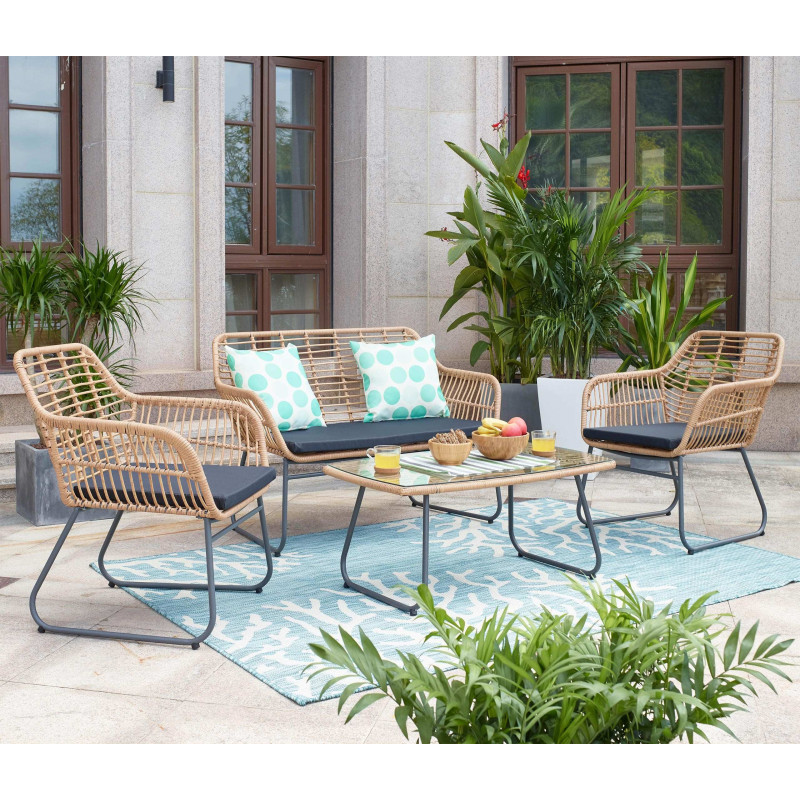 Garniture en polyrotin jardin, couleur naturelle - rembourrage anthracite